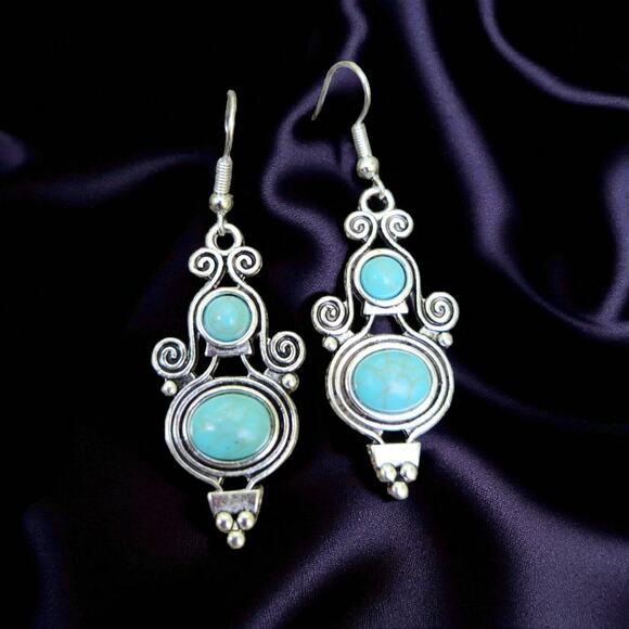 Simulated Turquoise Zinc Alloy Dangle Earrings Boho Scroll Design 2.25" NWT - Picture 1 of 10